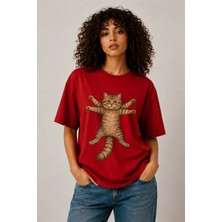 Enb1r Moda Retro Stil Kedi Baskılı Günlük Oversize Tişört