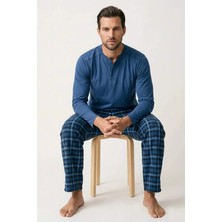 Dat Erkek Pijama Takımı %100 Pamuk Uzun Kollu Henley Yaka Düğmeli Üst Mavi-Çivit Ekose Pantolon Mevsimlik 2'li Set