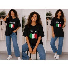 Enb1r Moda Italıa Bayrak Renkleri Temalı Baskılı Oversize Unisex Lacivert Premium Basic T-Shirt