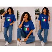 Enb1r Moda Italıa Bayrak Renkleri Temalı Baskılı Oversize Tişört Saks Mavi Unisex Premium Basic T-Shirt