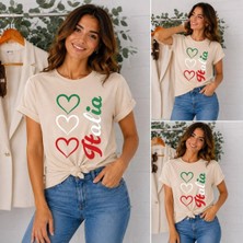 Enb1r Moda Italya Temalı 3lü Kalp Baskılı Unisex Bej Premium Basic T-Shirt