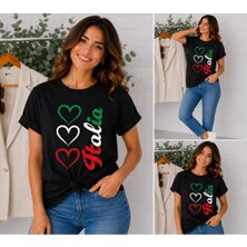 Enb1r Moda Italya Temalı 3lü Kalp Baskılı Unisex Siyah Premium Basic T-Shirt