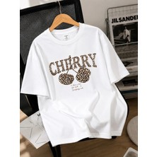 Enb1r Moda Kadın Baskılı Cherry Leopar Desenli Bisiklet Yaka Rahat Kalıp Premium Basic T-Shirt