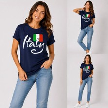 Enb1r Moda Italy Yazılı Italyan Bayrak Renkleri Baskılı Unisex Lacivert Premium Basic T-Shirt