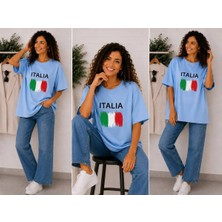 Enb1r Moda Italıa Bayrak Renkleri Temalı Baskılı Oversize Unisex Mavi Premium Basic T-Shirt