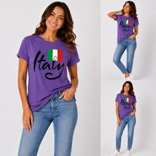 Enb1r Moda Italy Yazılı Italyan Bayrak Renkleri Baskılı Unisex Mor Premium Basic T-Shirt