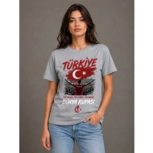 Enb1r Moda Dünya Kupası Türkiye Baskılı Gri Unisex Tek Millet Tek Yürek Futbol Taraftar T-Shirt
