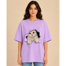 Enb1r Moda Kadın Beyaz Oversize Kedi Baskılı Basic Tişört Yırtık Efektli Cute Cat