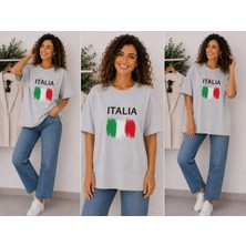 Enb1r Moda Italıa Bayrak Renkleri Temalı Baskılı Oversize Tişört Unisex Gri Premium Basic T-Shirt