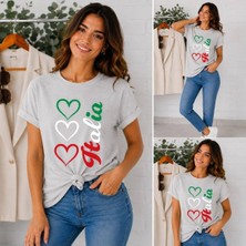 Enb1r Moda Italya Temalı 3lü Kalp Baskılı Unisex Gri Premium Basic T-Shirt