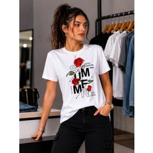 Enb1r Moda Summer Love Forever Gül Baskılı Kadın Beyaz Basic T-Shirt