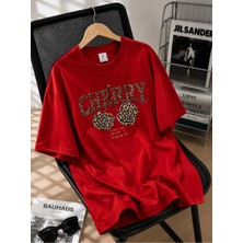 Enb1r Moda Kadın Kırmızı Baskılı Cherry Leopar Desenli Bisiklet Yaka Rahat Kalıp Premium Basic T-Shirt
