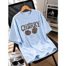 Enb1r Moda Kadın Baskılı Cherry Leopar Desenli Bisiklet Yaka Rahat Kalıp Premium Basic T-Shirt
