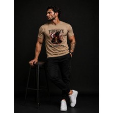 Enb1r Moda Türkiye Taraftar Tişörtü Unisex Ay Yıldız Bozkurt Baskı Detaylı Bej Premium T-Shirt