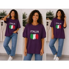Enb1r Moda Italıa Bayrak Renkleri Temalı Baskılı Oversize Tişört Unisex Mor Premium Basic T-Shirt