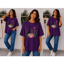 Enb1r Moda Paris Temalı Eyfel Kulesi, Gül Çiçeği ve Kalp Baskılı Mor Premium Basic T-Shirt