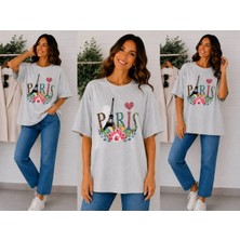 Enb1r Moda Paris Temalı Eyfel Kulesi, Gül Çiçeği ve Kalp Baskılı Gri Premium Basic T-Shirt