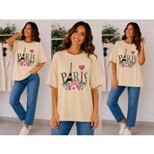Enb1r Moda Paris Temalı Eyfel Kulesi, Gül Çiçeği ve Kalp Baskılı Bej Premium Basic T-Shirt