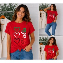 Enb1r Moda Italya Temalı 3lü Kalp Baskılı Unisex Kırmızı Premium Basic T-Shirt