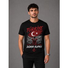Enb1r Moda Dünya Kupası Türkiye Baskılı Unisex Siyah Tek Millet Tek Yürek Futbol Taraftar T-Shirt