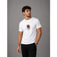 Enb1r Moda Minimal Kaplan Baskı Detaylı Unisex Beyaz Basic T-Shirt