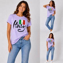 Enb1r Moda Italy Yazılı Italyan Bayrak Renkleri Baskılı Unisex Lila Premium Basic T-Shirt