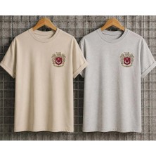 Enb1r Moda Türk Ay Yıldız Desenli Bozkurt Temalı Gri-Bej Ikili Premium Basic T-Shirt