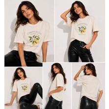 Enb1r Moda Kadın Estetik Vintage Limon Baskılı Sokak Stili Unisex Bej Premium Basic T-Shirt