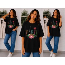 Enb1r Moda Paris Temalı Eyfel Kulesi, Gül Çiçeği ve Kalp Baskılı Siyah Premium Basic T-Shirt