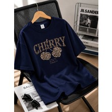 Enb1r Moda Kadın Lacivert Baskılı Cherry Leopar Desenli Bisiklet Yaka Rahat Kalıp Premium Basic T-Shirt
