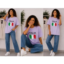 Enb1r Moda Italıa Bayrak Renkleri Temalı Baskılı Oversize Tişört Unisex Lila Premium Basic T-Shirt