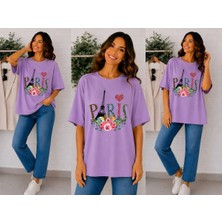 Enb1r Moda Paris Temalı Eyfel Kulesi, Gül Çiçeği ve Kalp Baskılı Lila Premium Basic T-Shirt