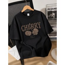 Enb1r Moda Kadın Siyah Baskılı Cherry Leopar Desenli Bisiklet Yaka Rahat Kalıp Günlük Premium Basic T-Shirt