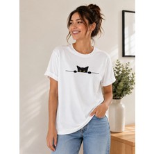 Enb1r Moda Minimal Siyah Kedi Desenli Günlük Streetwear Beyaz T-Shirt