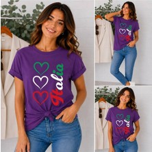 Enb1r Moda Italya Temalı 3lü Kalp Baskılı Unisex Mor Premium Basic T-Shirt