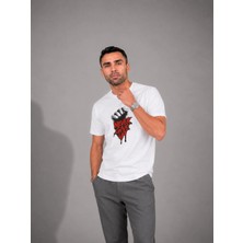 Enb1r Moda Kırmızı Siyah Motivasyon Baskı Detaylı Unisex Beyaz T-Shirt