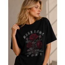 Enb1r Moda Vintage Gül Desenli Unisex Siyah Kısa Kollu T-Shirt