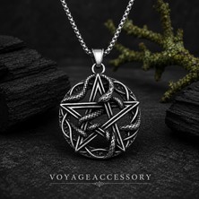 Voyage Accessory Paslanmaz Çelik Gotik Tarz Yılan Detaylı Pentagram Yıldızı Kolye