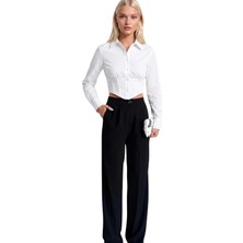 Asfaha Fashion Kadın Gömlek Yaka Düğmeli Crop Gömlek