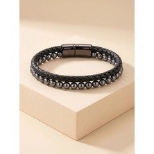 Parmas Design Hematit Doğaltaş Deri Erkek Premium Hediye Bileklik 01855