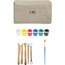 Beyaz Seramik Hamuru 2 kg Kil Ebeşuar Seti 6X15 ml Guaj Boya Seti Düz Fırça Seramik Kili Oyun Hamuru