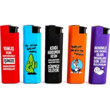 Onr Store Komik Yazılı Renkli Gazlı Çakmak Seti 5\'li Karışık Desenli Hediyelik Çakmak