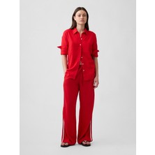 Gap Kadın Kırmızı Keten Karışımlı Çizgili Wide-Leg Pantolon