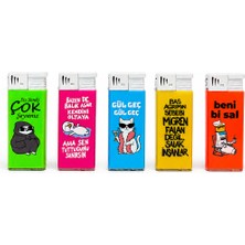Onr Store Komik Yazılı Şeffaf Gazlı Çakmak Seti 5\'li Karışık Desenli Hediyelik Çakmak