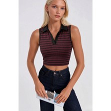 Asfaha Fashion Kadın Çizgili Yaka Detaylı Fitilli Crop