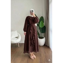 RFK Butik Kadın Bel Bağlamalı Fırfırlı Kumru Elbise - Kahverengi