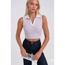 Asfaha Fashion Kadın Çizgili Yaka Detaylı Fitilli Crop