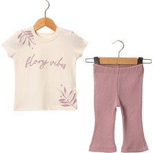 Enza Butik Kız Çocuk T-Shirt Tayt Takım Flory Vibes Yazılı Yaprak Baskılı %100 Pamuk Süprem Kumaş