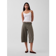 Gap Kadın Haki Mid Rise Kemerli Culotte Barrel Pantolon