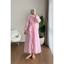 RFK Butik Kadın Bel Bağlamalı Fırfırlı Kumru Elbise - Pembe